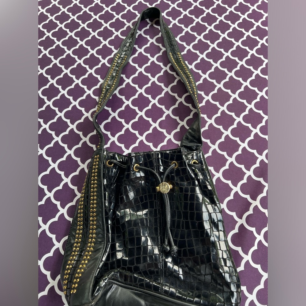 Black Leather Pocketbook Satchel with gold grommet studs